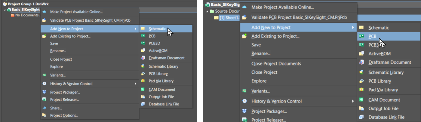 Altium Designer Projects panel showing right‑click menu on a PCB project with Add New to Project options, demonstrating adding a Schematic document versus adding a PCB document to the same project.