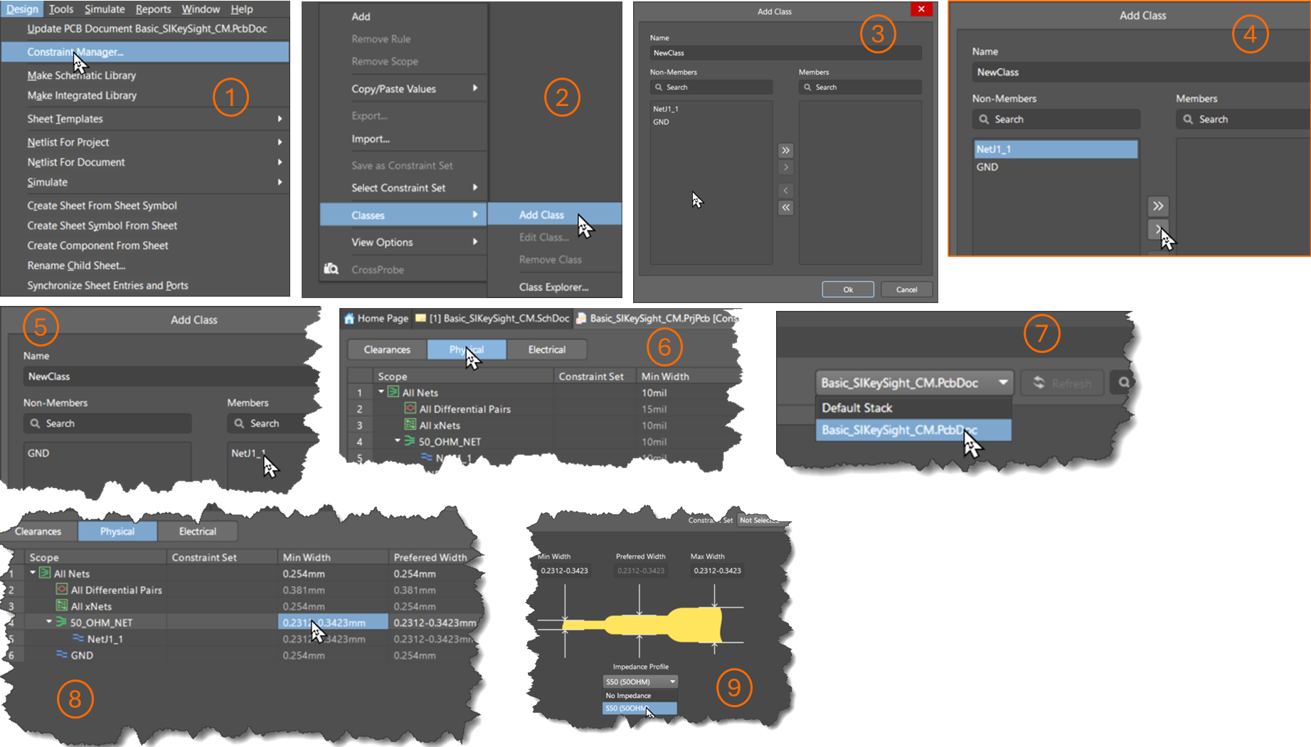 Altium Designer workflow collage showing creating a net class and assigning constraints: Design > Constraint Manager > Classes, adding Net1 and GND members, then setting clearance and impedance rules for 50_OHM_NET in PCB constraints.