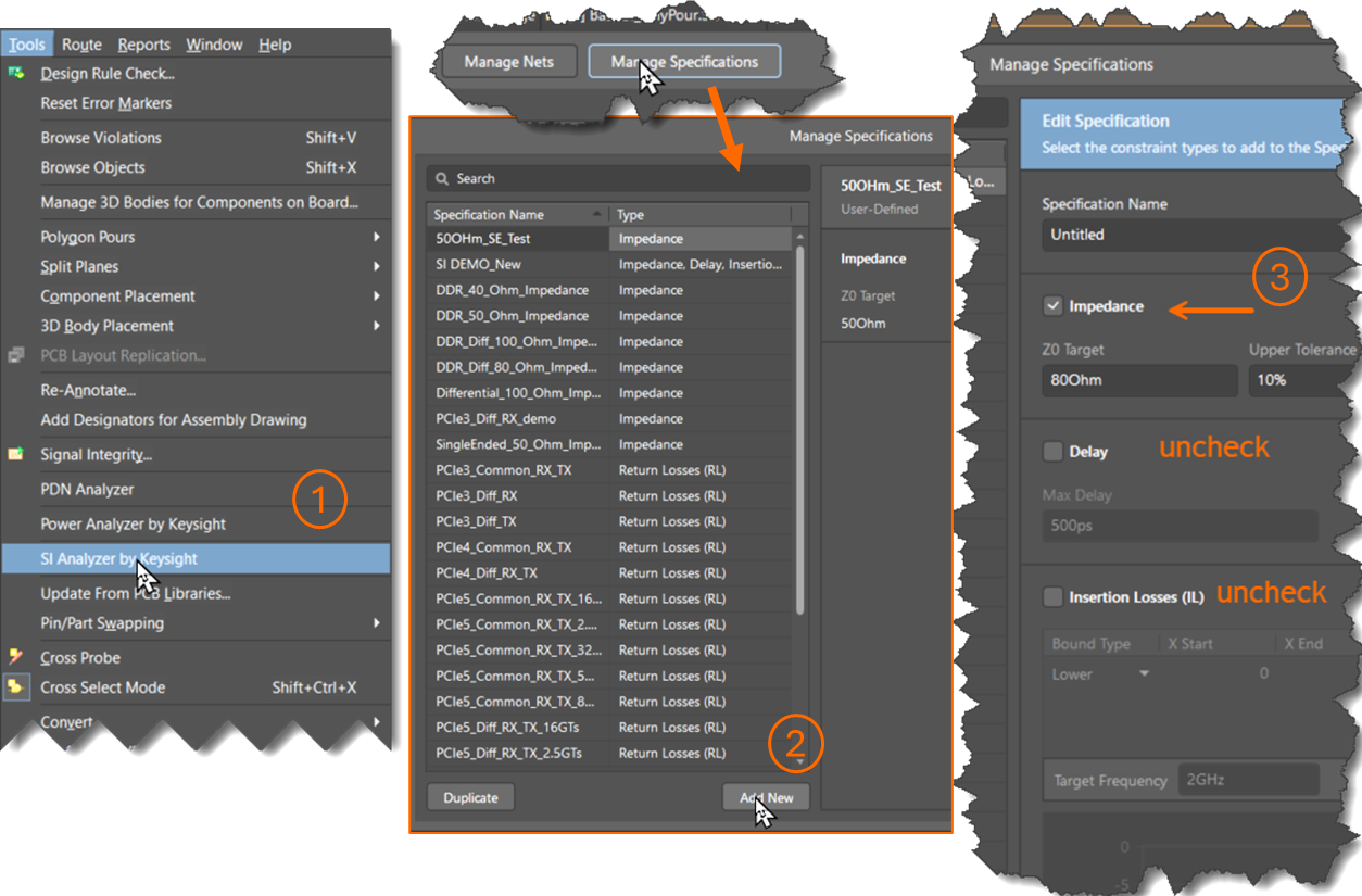 Altium Designer SI Analyzer workflow showing Manage Specifications. A new user‑defined impedance specification is added with target impedance 50 ohm; Delay and Insertion Loss options are unchecked, focusing the spec on impedance only.