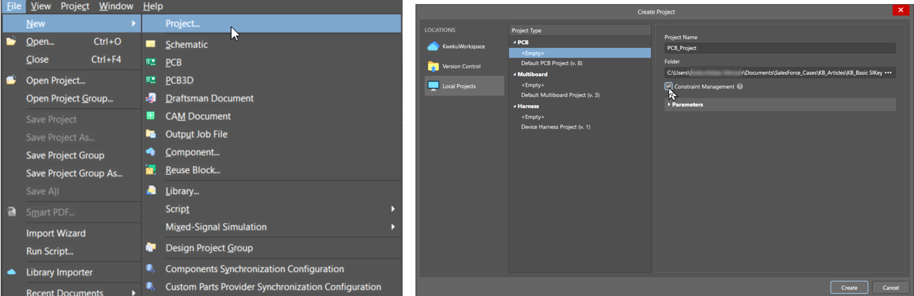 Altium Designer menus showing File > New > Project and the Create Project dialog, with PCB project type selected and the Constraint Management option enabled before creating the project.