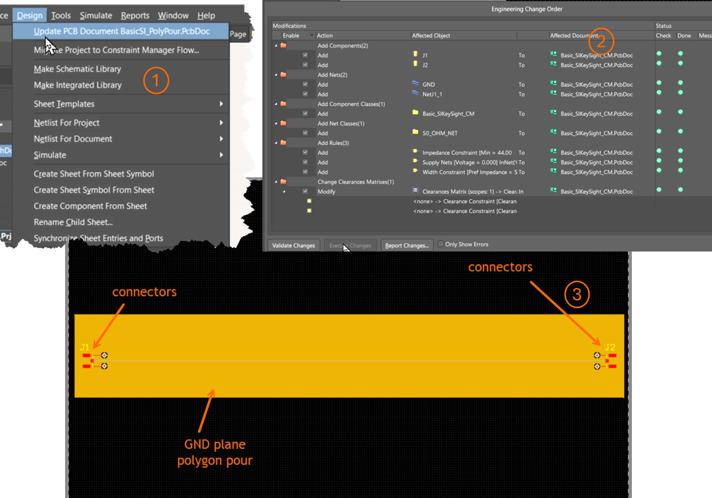 Altium Designer showing Design > Migrate Project to Constraint Manager Flow and an Engineering Change Order dialog with multiple applied changes, alongside a PCB view where two connectors are placed on a board with a GND plane polygon pour.