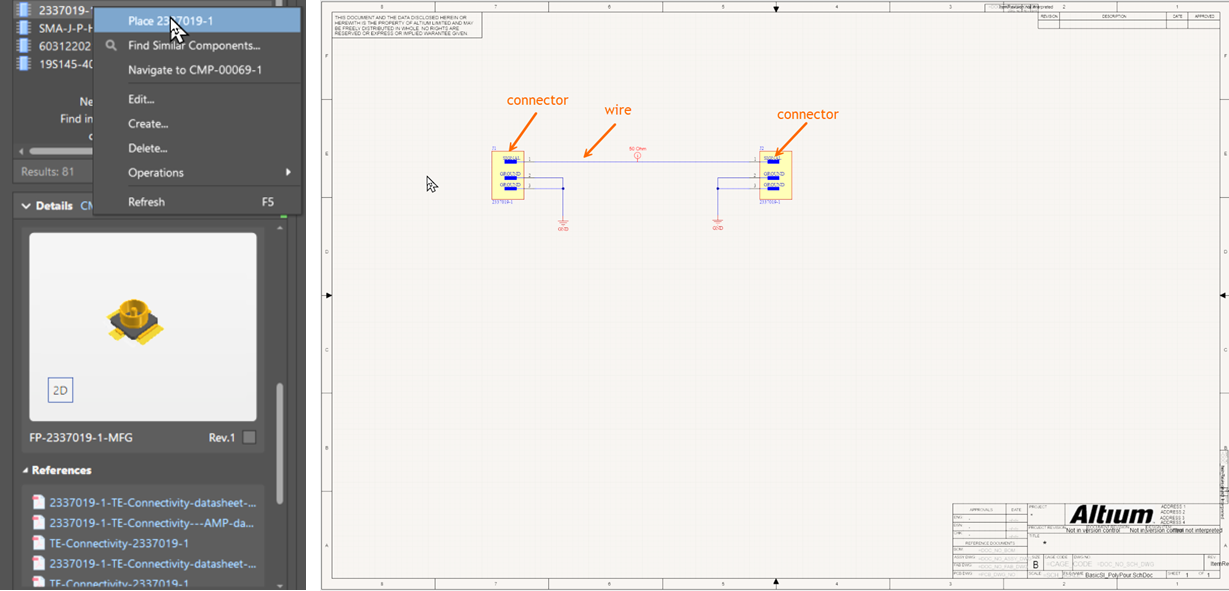 Altium Designer schematic editor showing two connector symbols connected by a wire on a single sheet, with ground symbols on each connector. Components panel at left lists a selected connector part with preview and references.