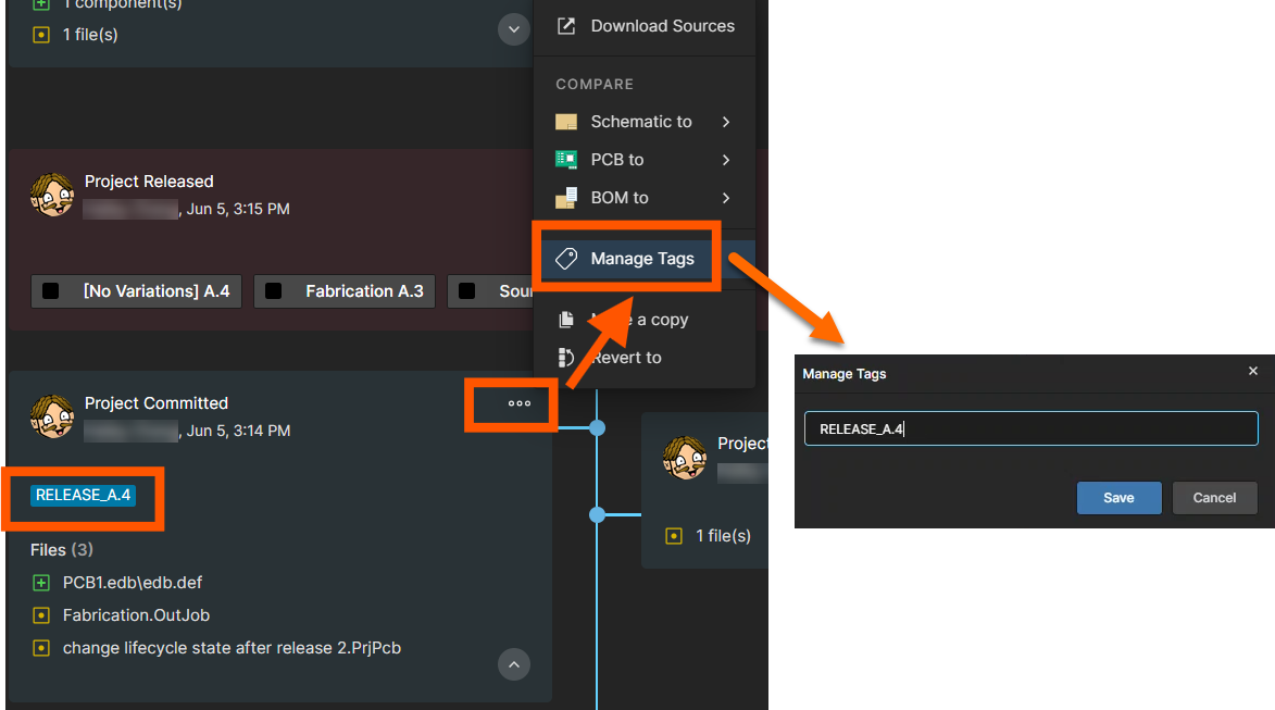 Altium 365 project history view showing a commit with RELEASE_A.4 tag, three files listed, and context menu opened on the commit with Manage Tags option selected.