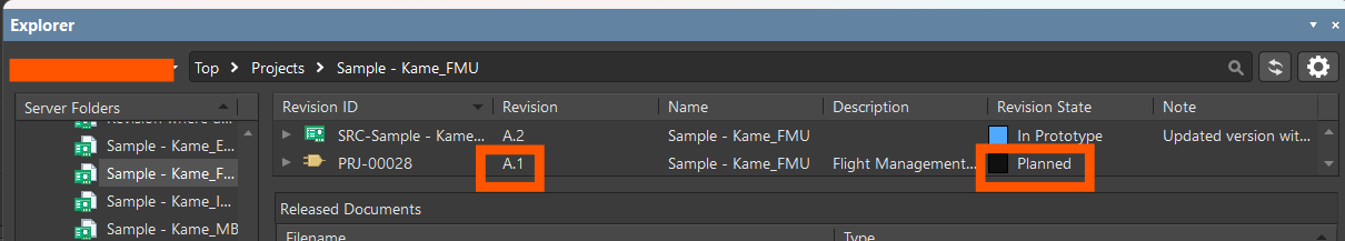 Altium Designer Explorer panel showing project “Sample - Kame_FMU” with two revisions; revision A.1 is selected and its state is “Planned,” while another revision is “In Prototype.”