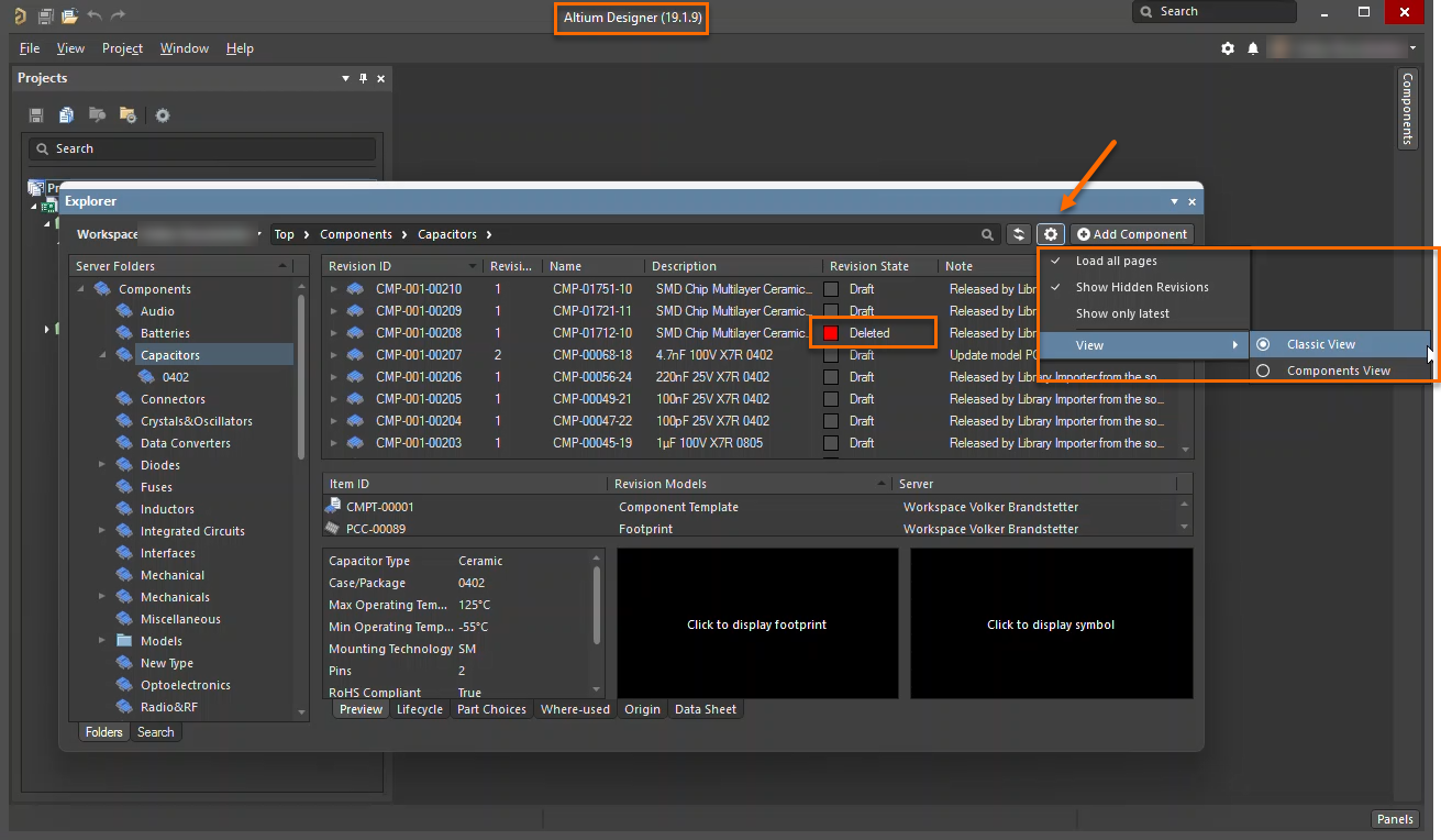 Altium Designer Explorer Components panel showing Capacitors folder with revision list, one item marked Deleted; View menu open with Classic View selected instead of Components View.