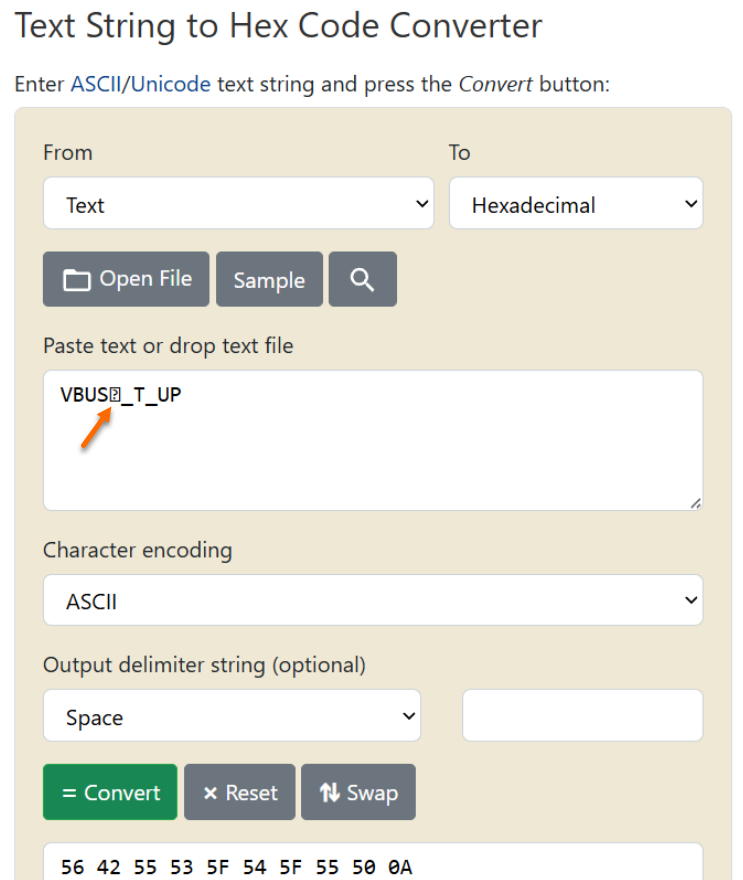Text String to Hex Code Converter page with input “VBUS□_T_UP,” highlighting a non‑printable character in the string, and output showing ASCII hex values (e.g., 56 42 55 53 5F 54 5F 55 50 …).