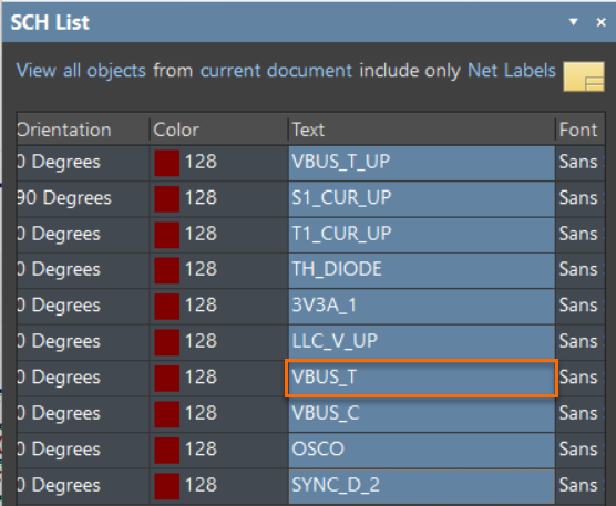 SCH List panel listing net labels with columns Orientation, Color, Text, Font; entries show “0 Degrees”, red color value 128, and names like VBUS_T_UP.