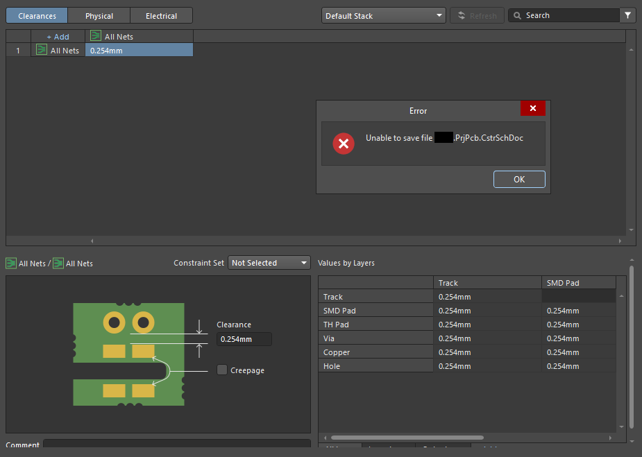 Altium PCB Rules and Constraints Editor showing a clearance rule set to 0.254mm, with an error dialog stating “Unable to save file _PrjPcb.CstrSchDoc”.