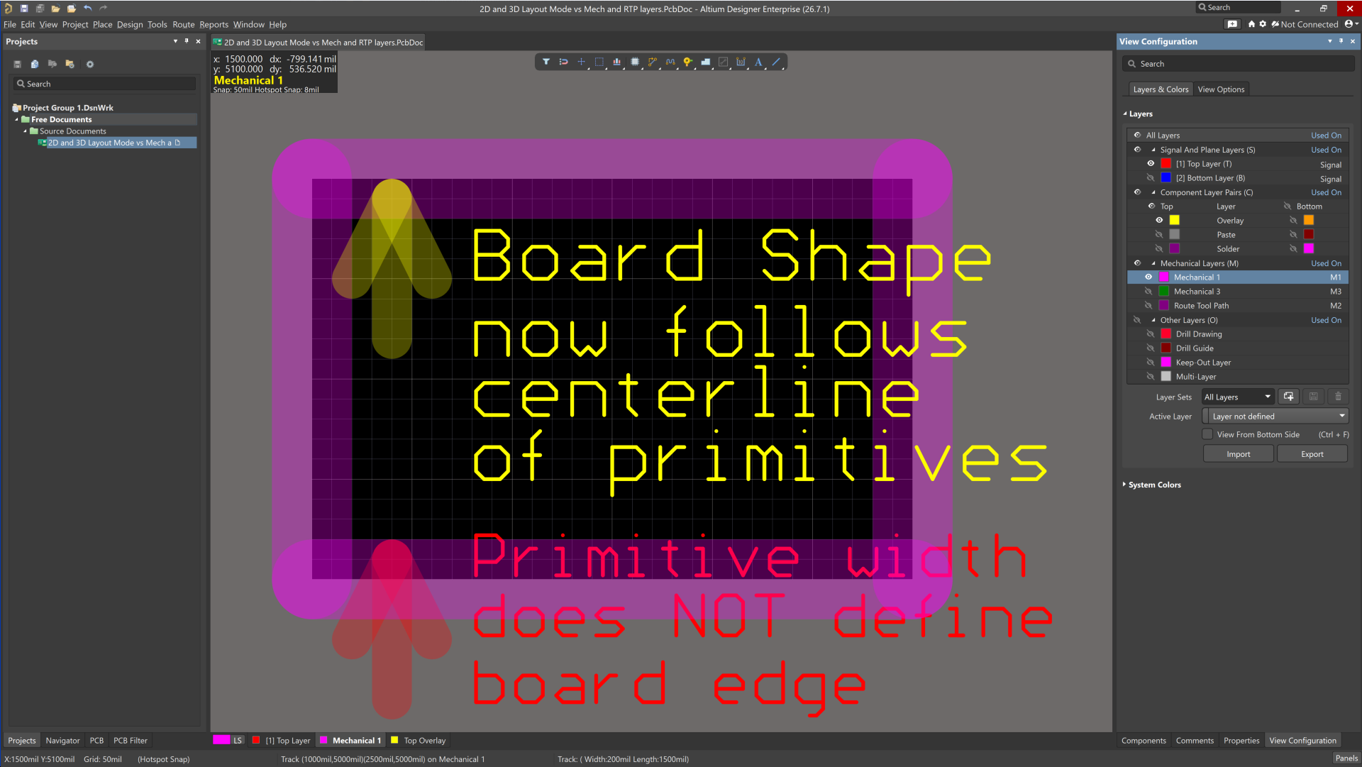 Altium Designer PCB editor showing resulting board shape after using Define Board Shape from Selected Objects, with outline following primitive centerlines and not outer edges, demonstrating correct 2D board boundary interpretation.