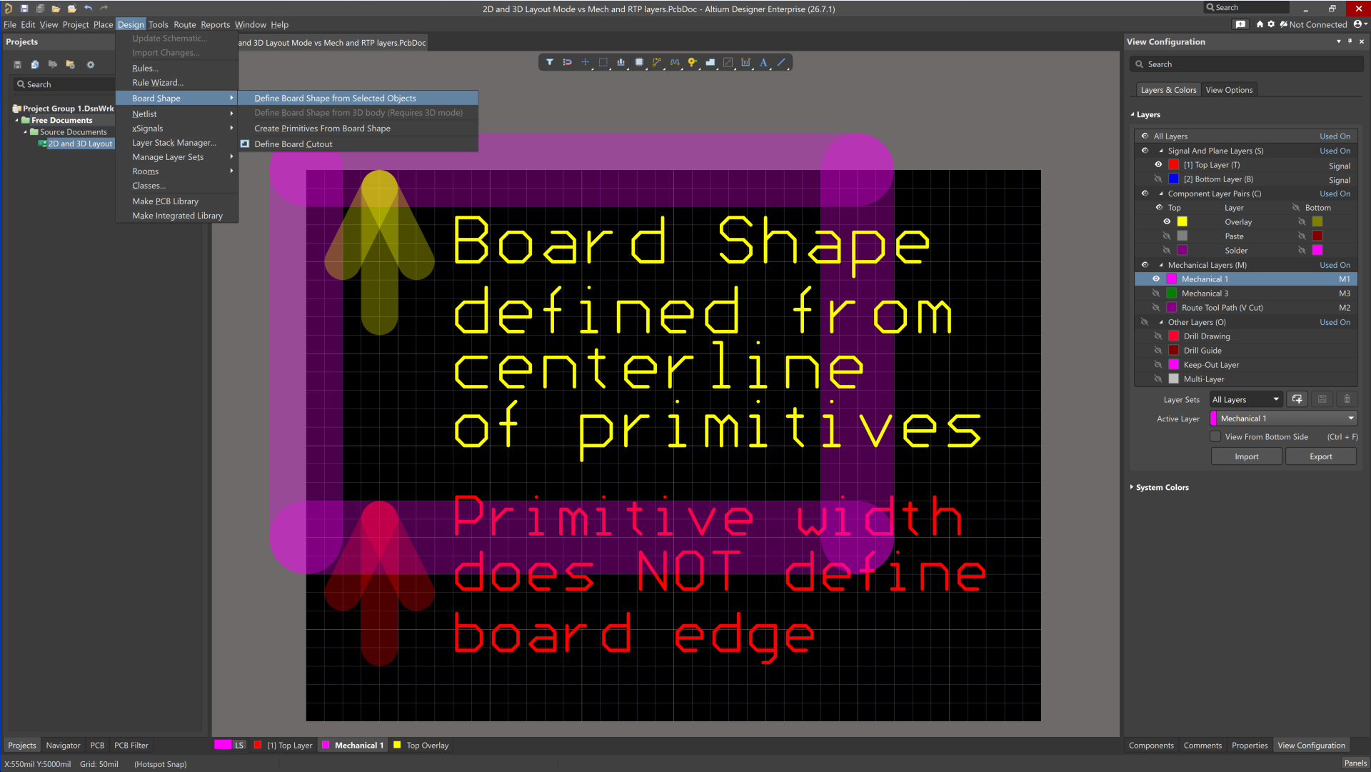 Altium Designer PCB editor with Design menu open to “Define Board Shape from Selected Objects”, showing primitives on a mechanical layer forming a closed boundary before board shape creation, illustrating step 3 in workflow.