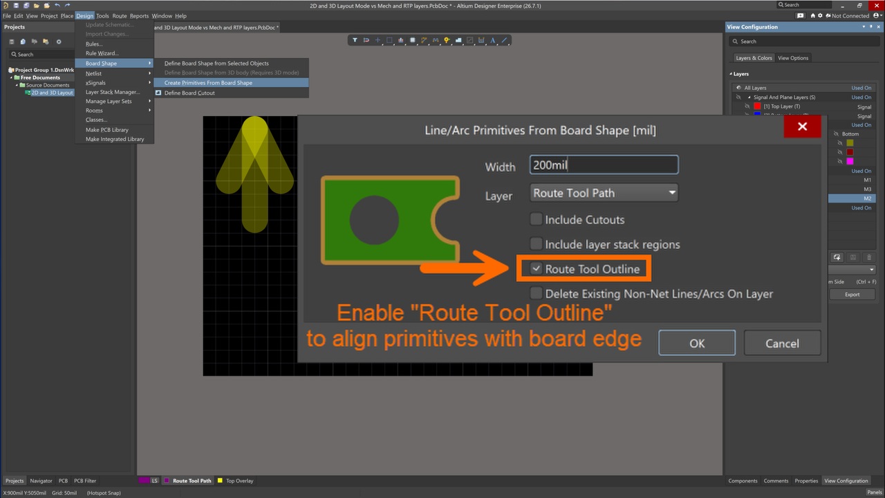 Altium Designer dialog “Line/Arc Primitives From Board Shape” showing Route Tool Path layer selected with Route Tool Outline enabled, demonstrating creation of routing primitives aligned to board edge via Design » Board Shape menu.