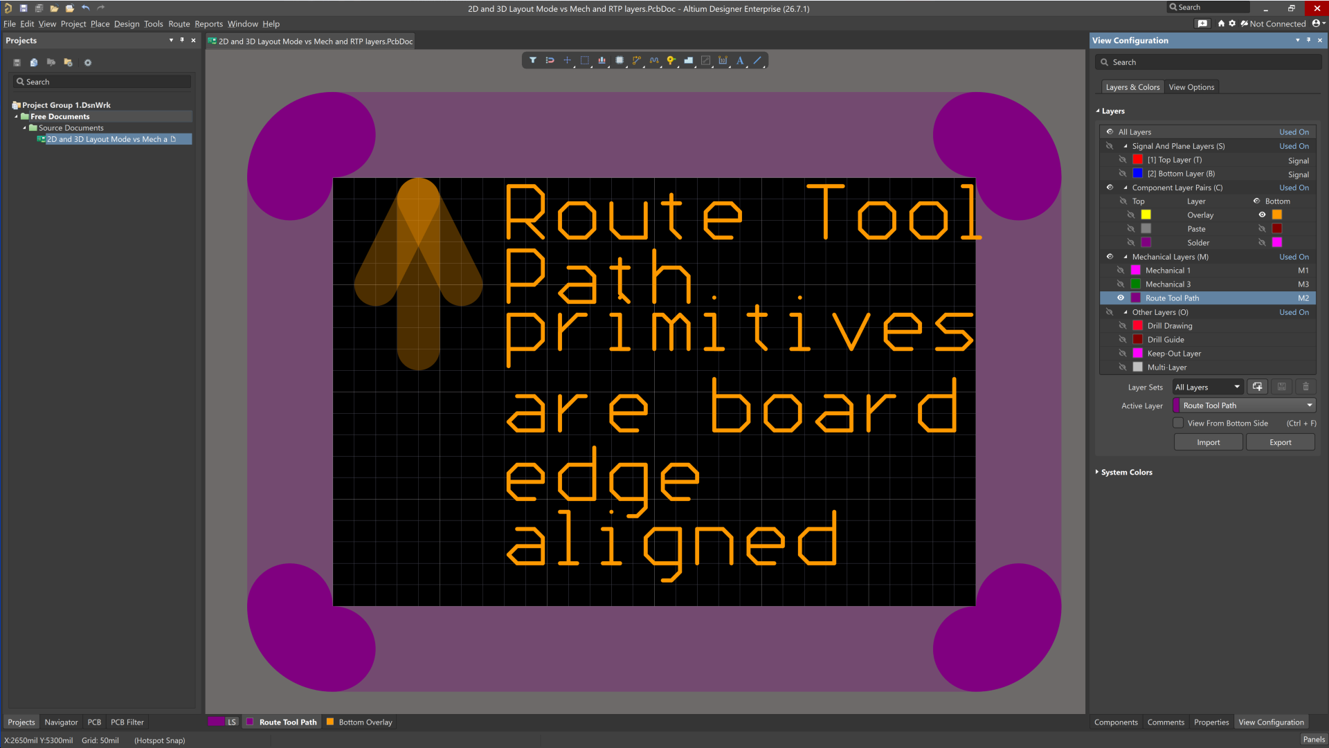 Altium Designer PCB editor showing generated Route Tool Path primitives aligned to board edge after enabling Route Tool Outline, with line and arc edges matching the board boundary to produce correct routing geometry.