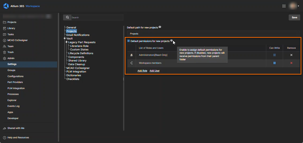 Altium 365 Settings > Projects page showing “Default permissions for new projects” enabled, with roles Administrators (Read-Only) and Workspace members listed; both have Can Write selected.
