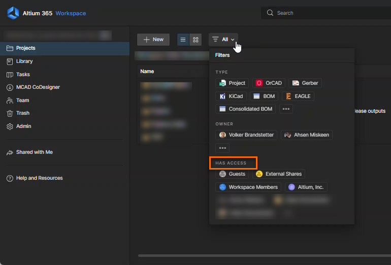 Altium 365 Projects page filter menu open, showing Has Access filters for Guests, External Shares, Workspace Members, and Altium, Inc., with project list filtered by access permissions.