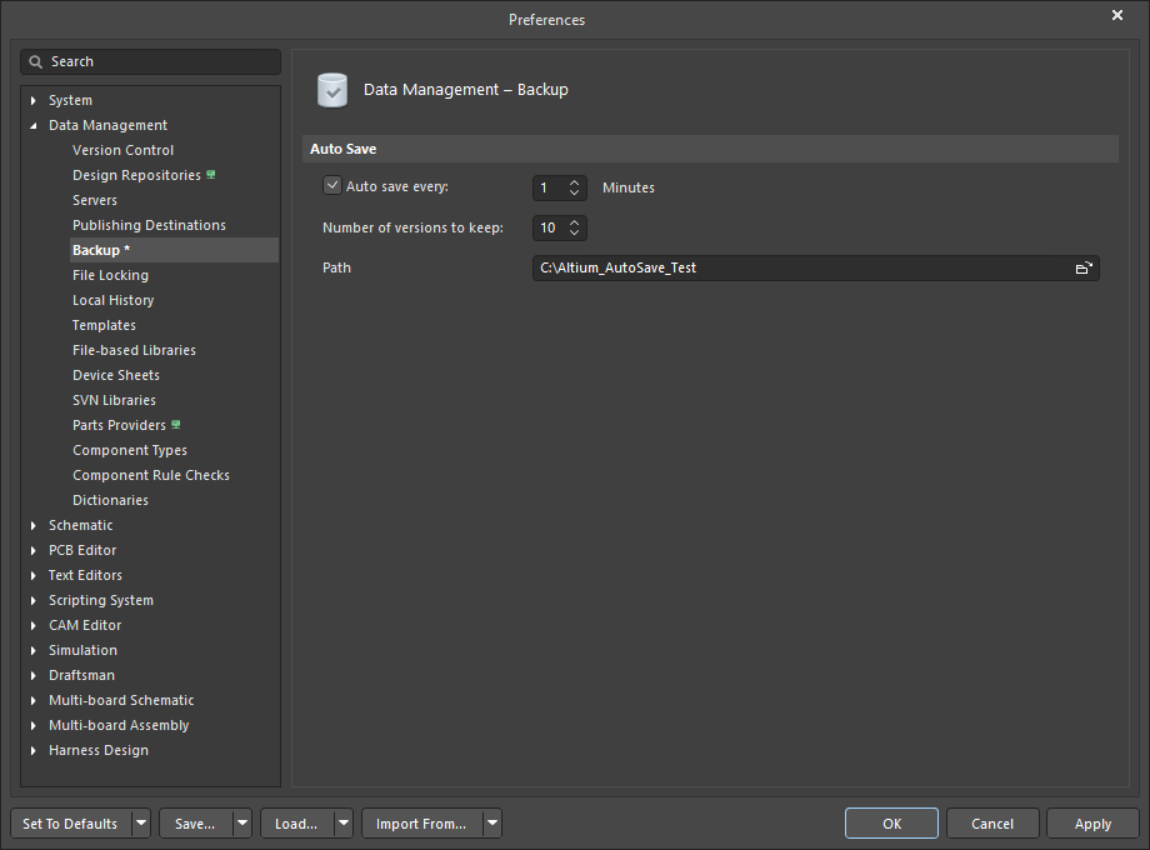 Altium Designer Preferences, Data Management > Backup, showing Auto Save enabled every 1 minute, keeping 10 backup versions, with recovery path set to C:\Altium_AutoSave_Test.