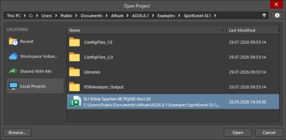 Open Project dialog in Altium Designer showing Local Projects folder AD26.8.1 Examples\SpiritLevel-SL1, with project “SL1 Xilinx Spartan-IIE PQ208 Rev1.02” selected and ready to open.