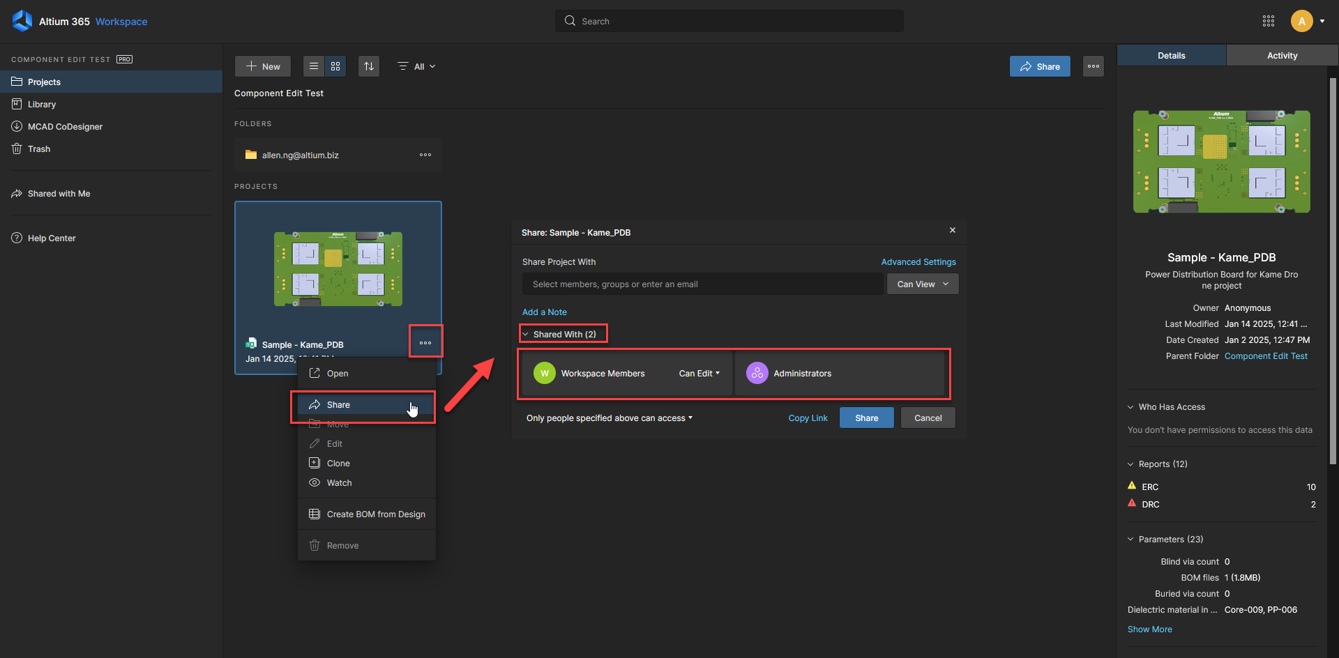 Altium 365 Workspace Projects page, Share dialog for “Sample - Kame_PDB” showing the project shared with 2 groups, Workspace Members with Can Edit permission and Administrators, ready to add more users.