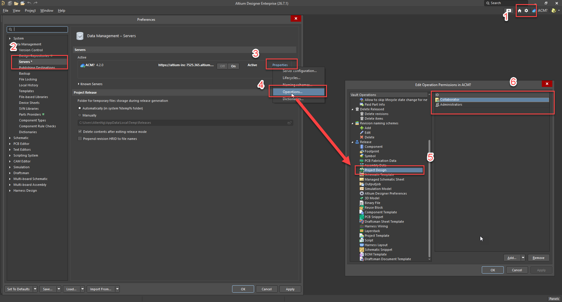 Altium Designer Preferences, Data Management > Servers, showing ACM server Operations; Project Design release permissions are being edited, with Collaborator and Administrators listed.