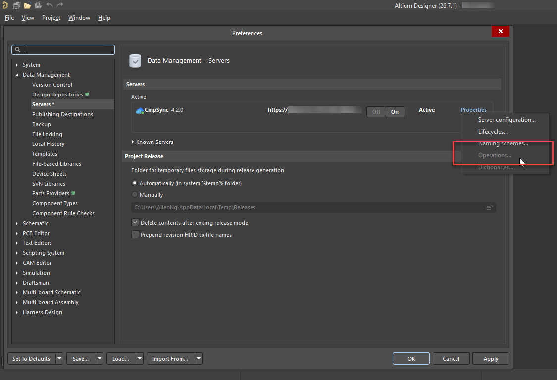 Altium Designer Preferences, Data Management > Servers, showing a Cmpsync server where the Properties menu is open and the Operations option is unavailable in the server options list.
