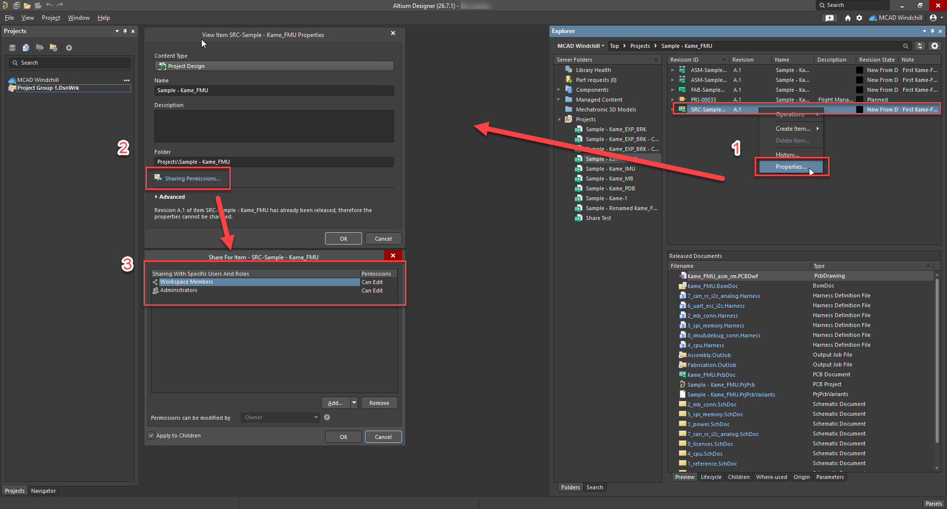 Altium Designer Explorer and Item Properties dialogs, showing Project Design item “Sample - Kame_FMU” sharing permissions; Sharing Permissions lists Workspace Members and Administrators with Can Edit access.