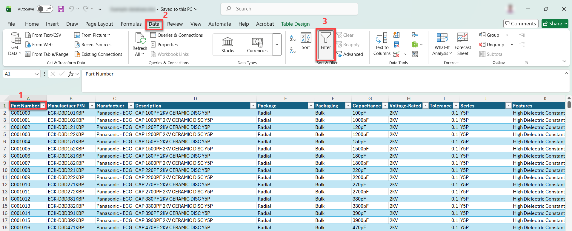 Excel worksheet with parts database table, showing steps to access a column filter: Part Number header dropdown selected, Data tab open, and Filter command indicated for creating filtered views used by DBLib tables.