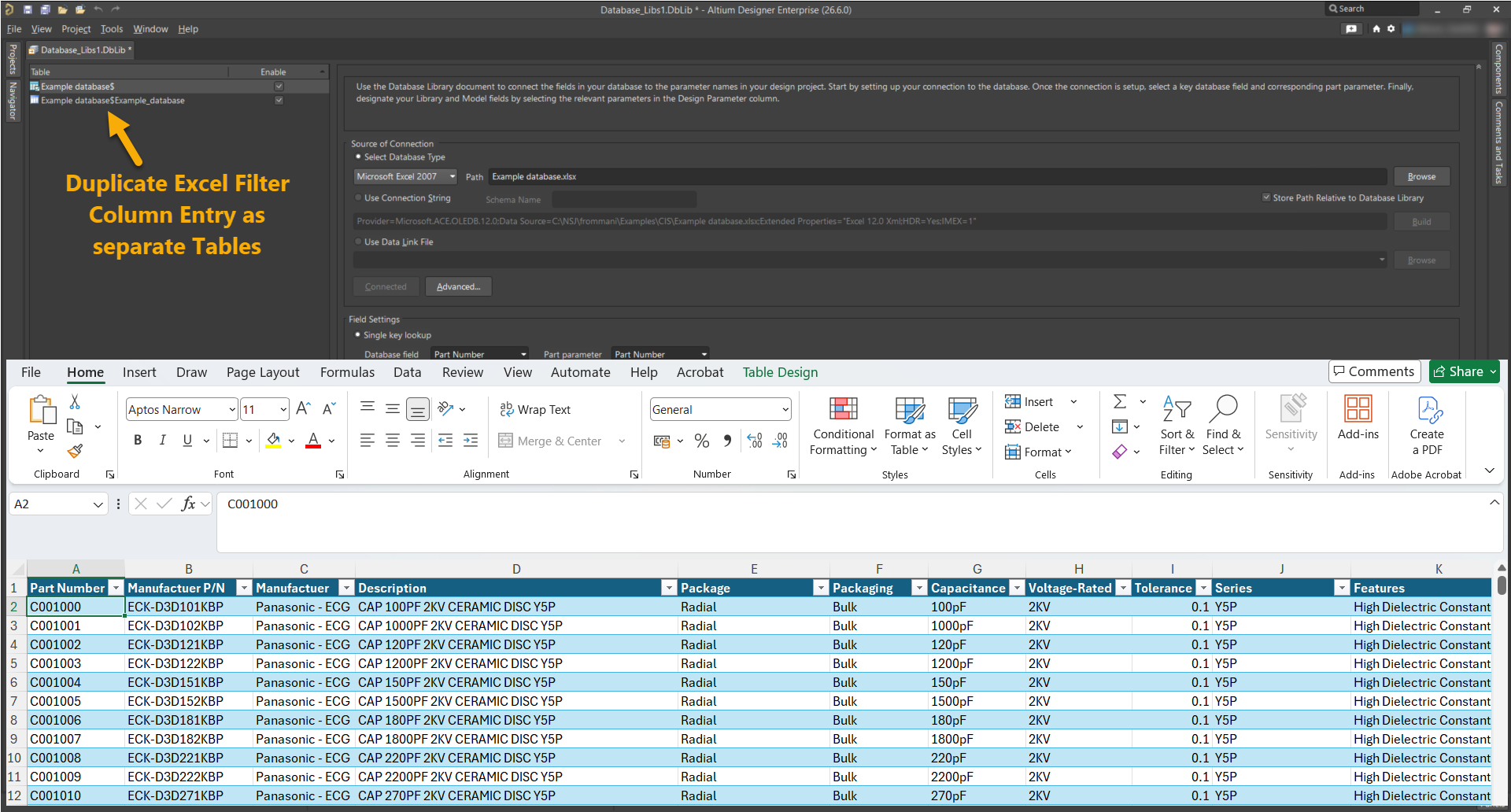 Altium Designer Database Library panel connected to an Excel database, showing duplicate filter-column values listed as separate tables ("Example database$" and "Example database$Example_database"), illustrating a DBLib table-duplication issue.