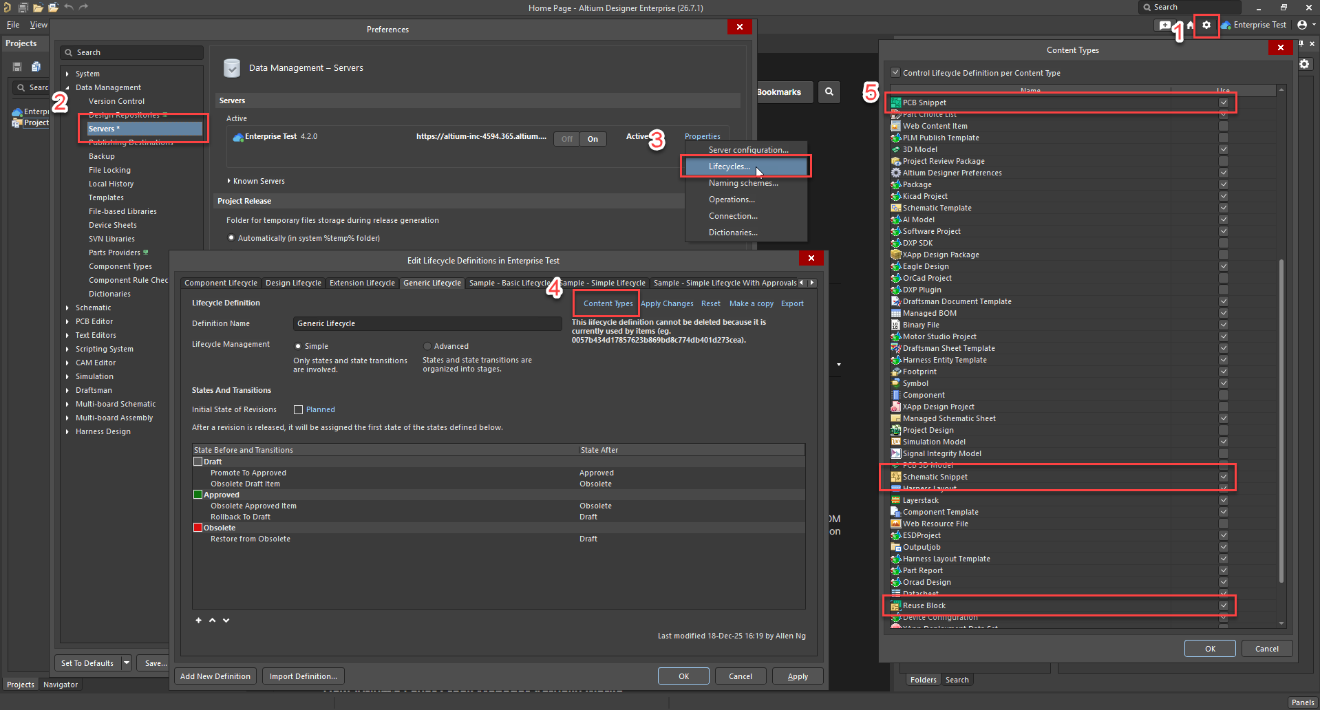 Altium Designer Preferences, Data Management > Servers > Lifecycles, showing lifecycle definition editing and Content Types assignment, with PCB Snippet, Schematic Snippet, and Reuse Block selected for the lifecycle.