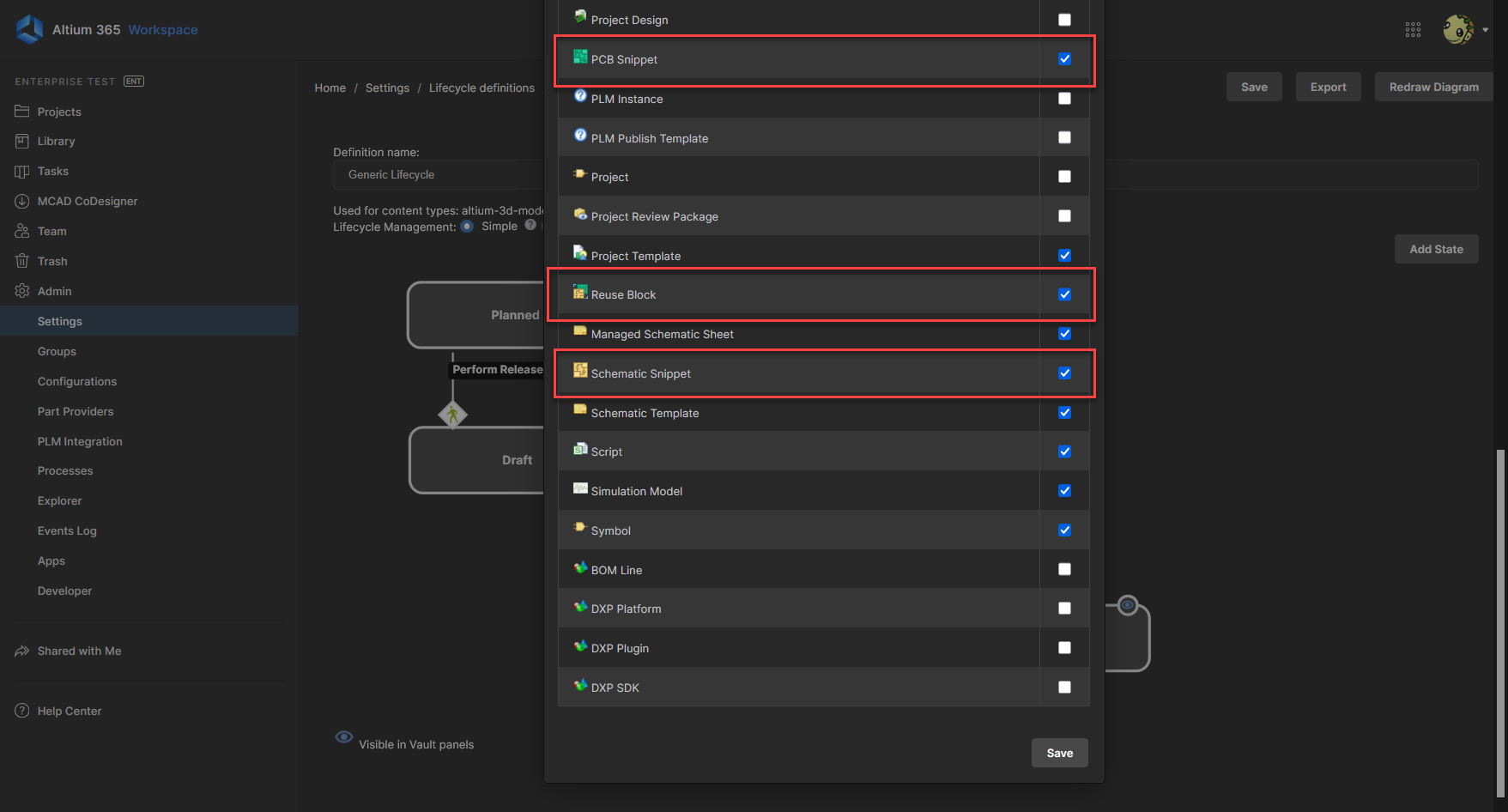 Altium 365 Workspace Settings > Lifecycle Definitions, Generic Lifecycle content type selection dialog showing PCB Snippet, Reuse Block, and Schematic Snippet assigned to the lifecycle.