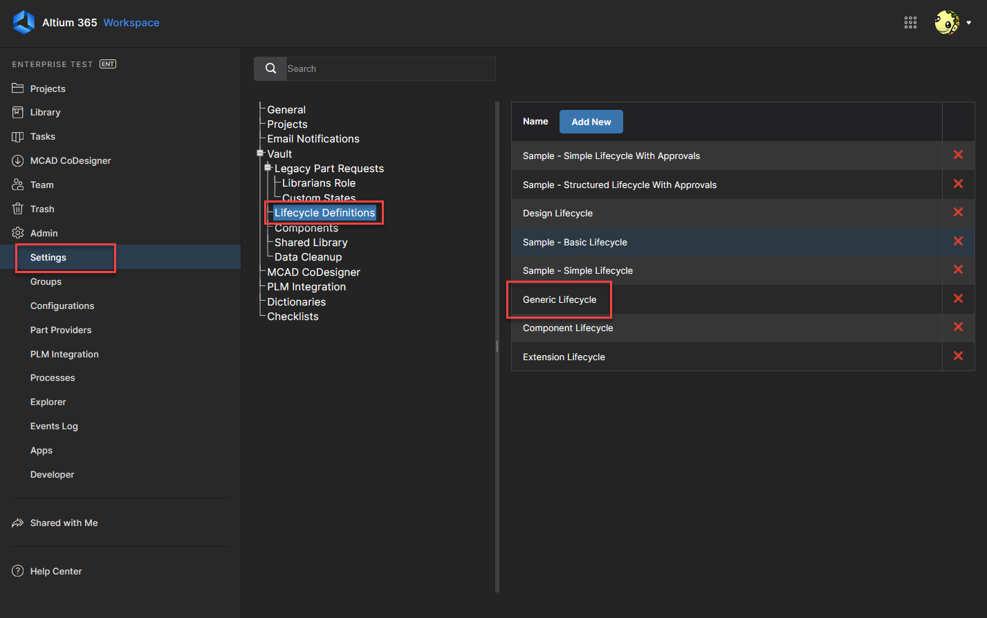 Altium 365 Workspace Settings page, Vault > Lifecycle Definitions, showing Generic Lifecycle selected from the list of lifecycle definitions available in the Enterprise Test workspace.