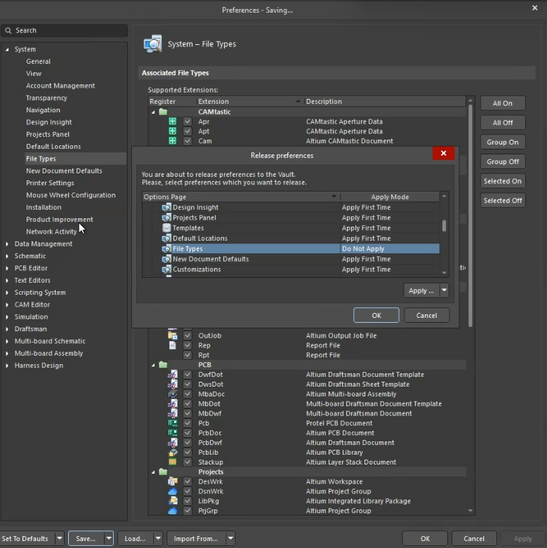 Altium Designer Preferences dialog with Release preferences window open, showing selected settings such as Design Insight, Projects Panel, Templates, Default Locations, and File Types for release to Vault.