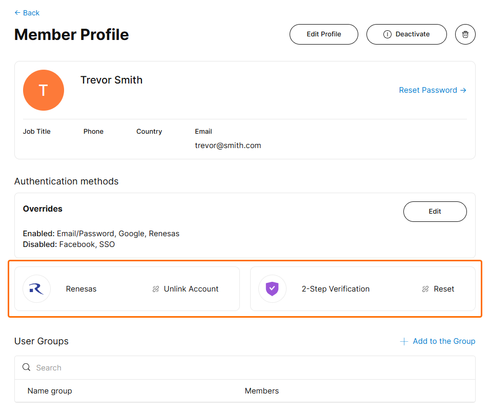 Member Profile page showing Authentication methods overrides with Email/Password, Google, and Renesas enabled; Facebook and SSO disabled. Linked Renesas account and 2-Step Verification are available, with options to unlink or reset.