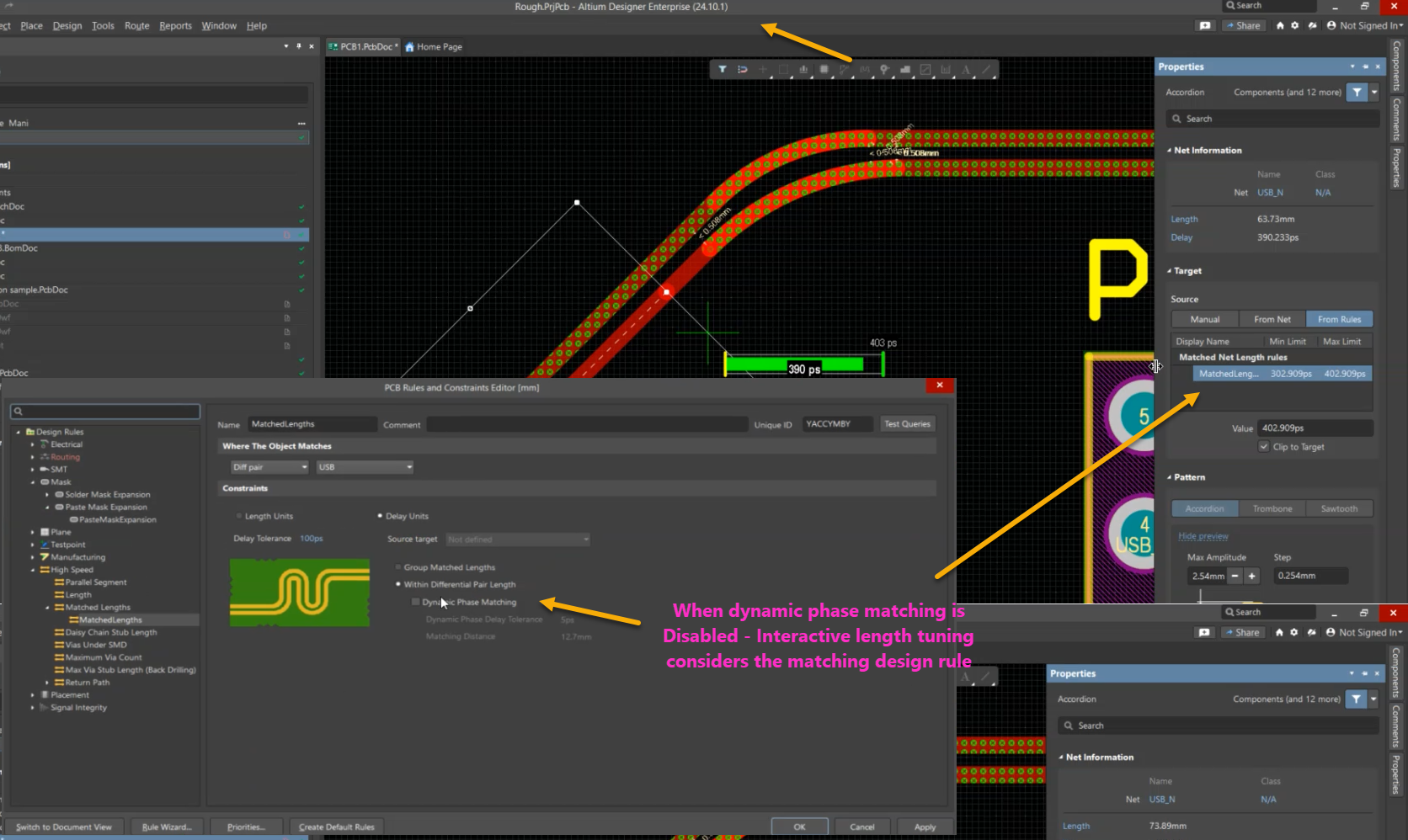Altium Designer PCB Editor showing routed tracks with length tuning and the PCB Rules and Constraints Editor, where Dynamic Phase Matching is disabled so interactive length tuning follows the matching design rule.