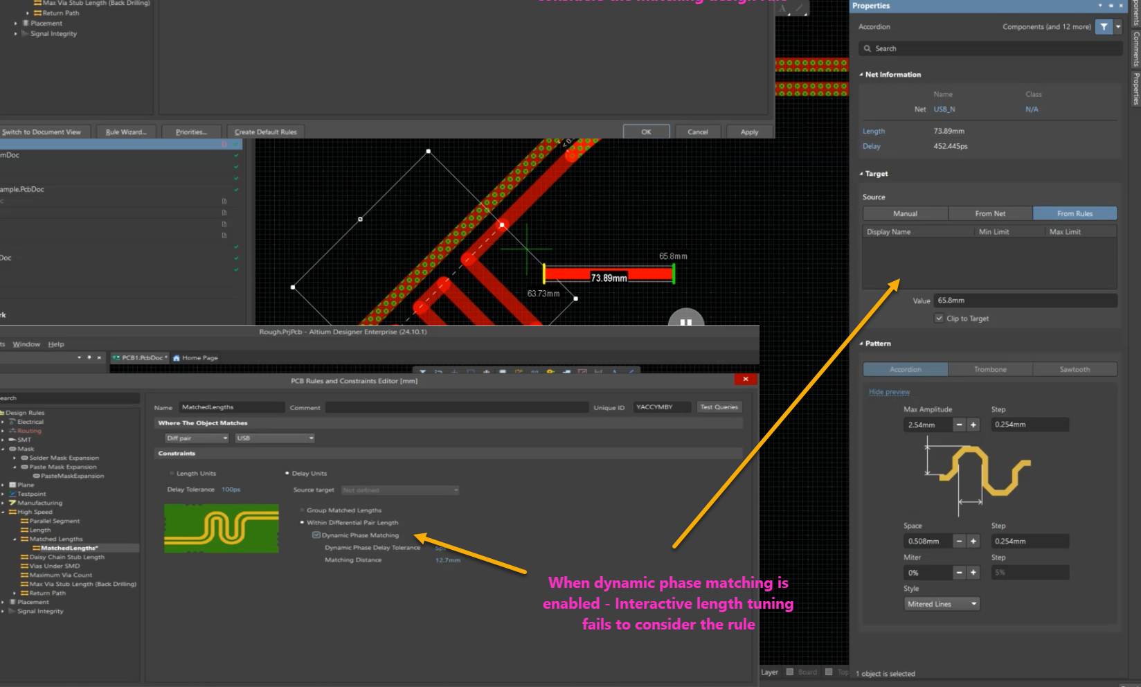 Altium Designer PCB Editor with PCB Rules and Constraints Editor showing Dynamic Phase Matching enabled; interactive length tuning is applied, but the annotation notes the matching design rule is not considered during tuning.