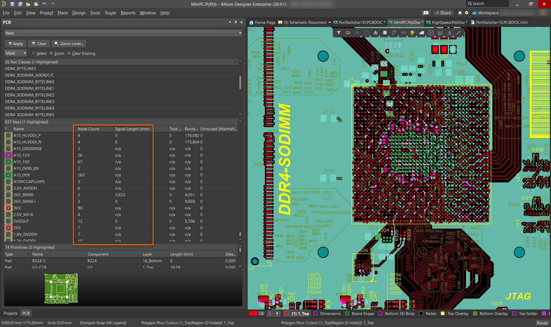 Altium Designer PCB editor PCB panel showing Net Count and Signal Length.