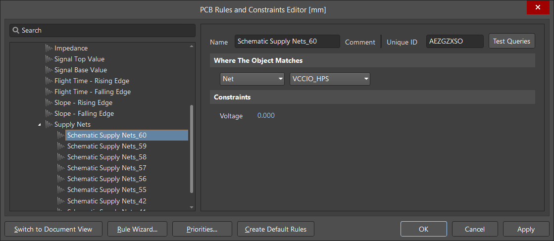Altium Designer PCB Rules and Constraints Editor showing Supply Nets rule.