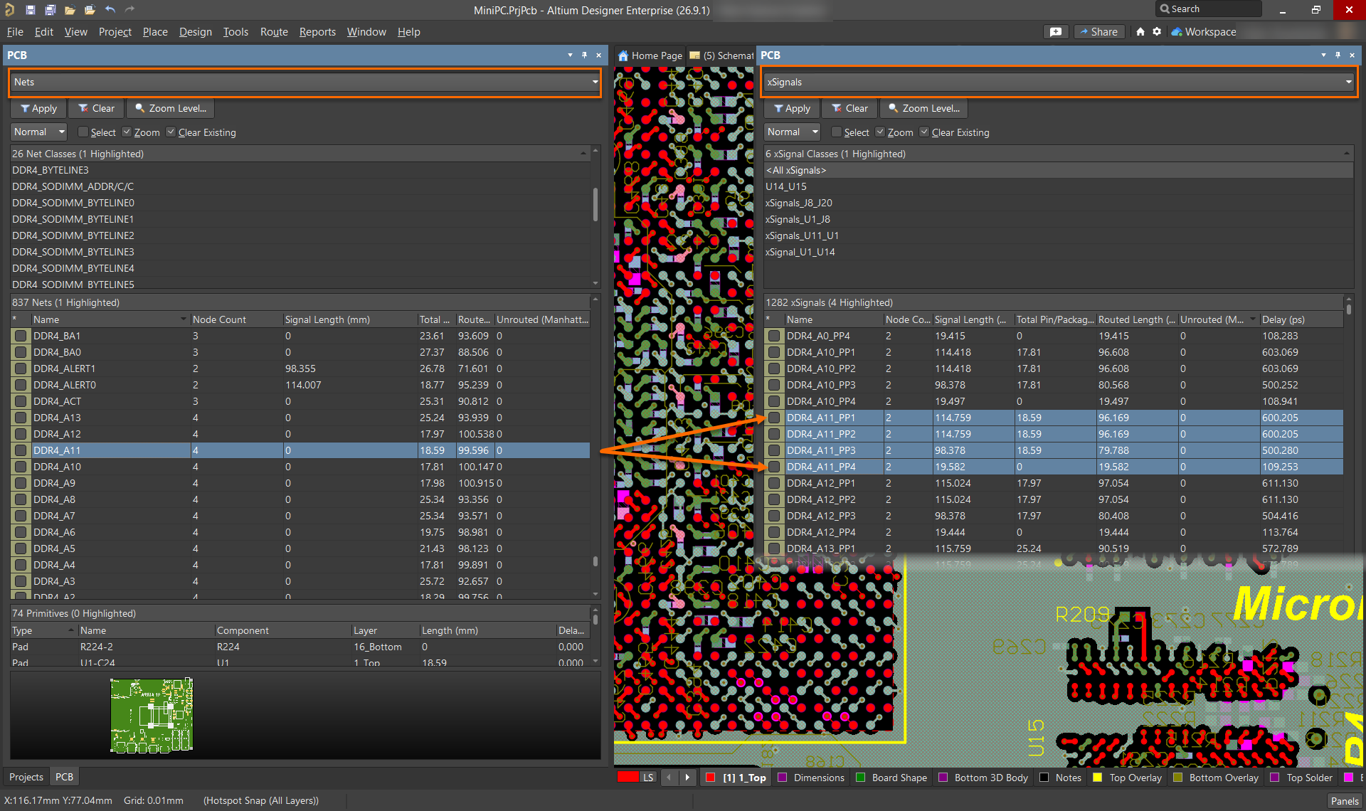 Altium Designer PCB editor with PCB Panel open and Nets and xSignals selected; net DDR4_A11 selected and mapped to four xSignals (DDR4_A11_PP1 to PP4).