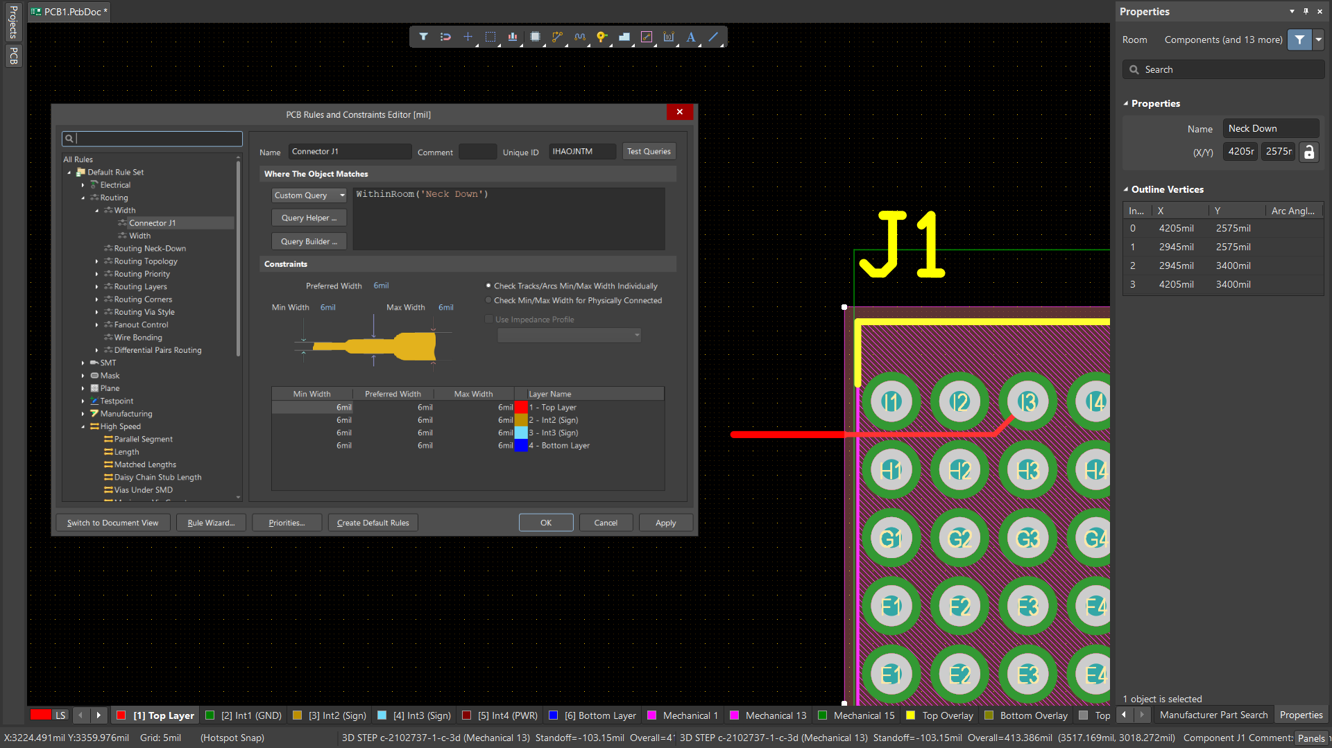 Altium Designer PCB Rules and Constraints Editor showing width rule “Connector J1” with query WithinRoom('Neck Down'); preferred, minimum, and maximum trace widths are all set to 6 mil, alongside a PCB view of connector J1.