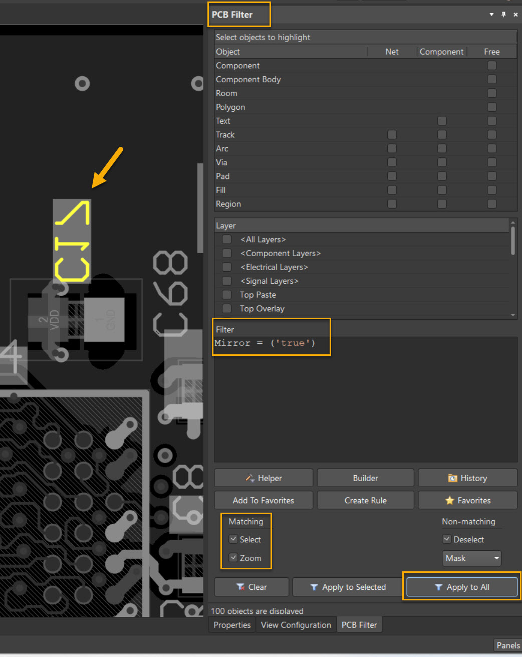 Altium Designer PCB Filter panel with filter Mirror=('true'); matching objects are set to Select and Zoom, and Apply to All is used to highlight mirrored footprint elements on the PCB.