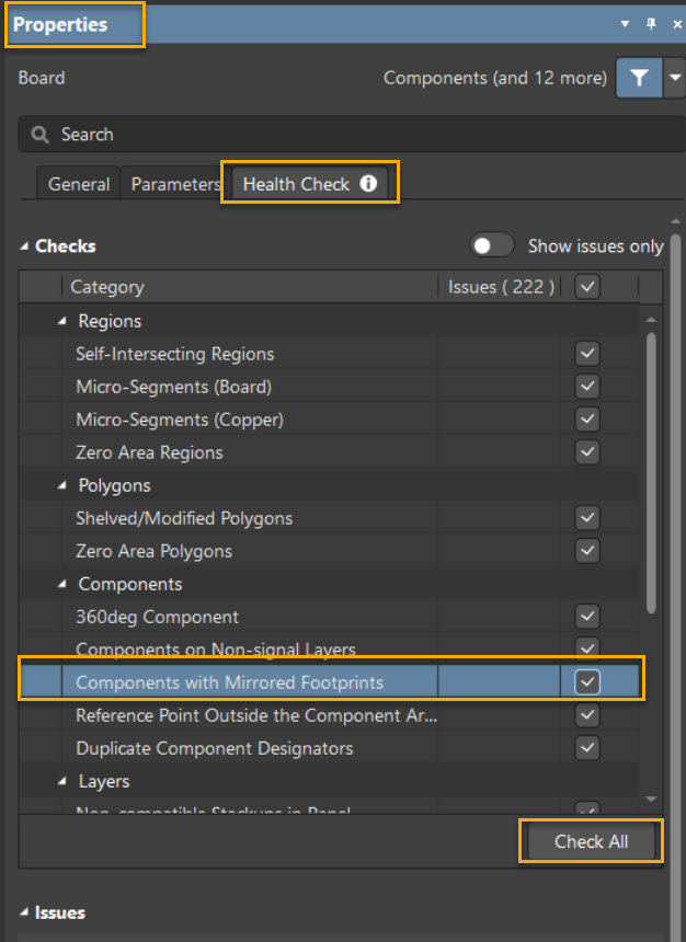 Altium Designer Properties panel, Health Check tab showing 222 issues; the “Components with Mirrored Footprints” check is selected in the Components category, with a Check All option available.