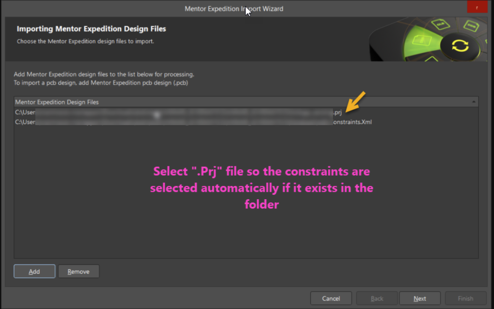 Mentor Expedition Import Wizard, Importing Mentor Expedition Design Files page, showing a project (.Prj) file selected with constraints XML added automatically when present in the same folder.
