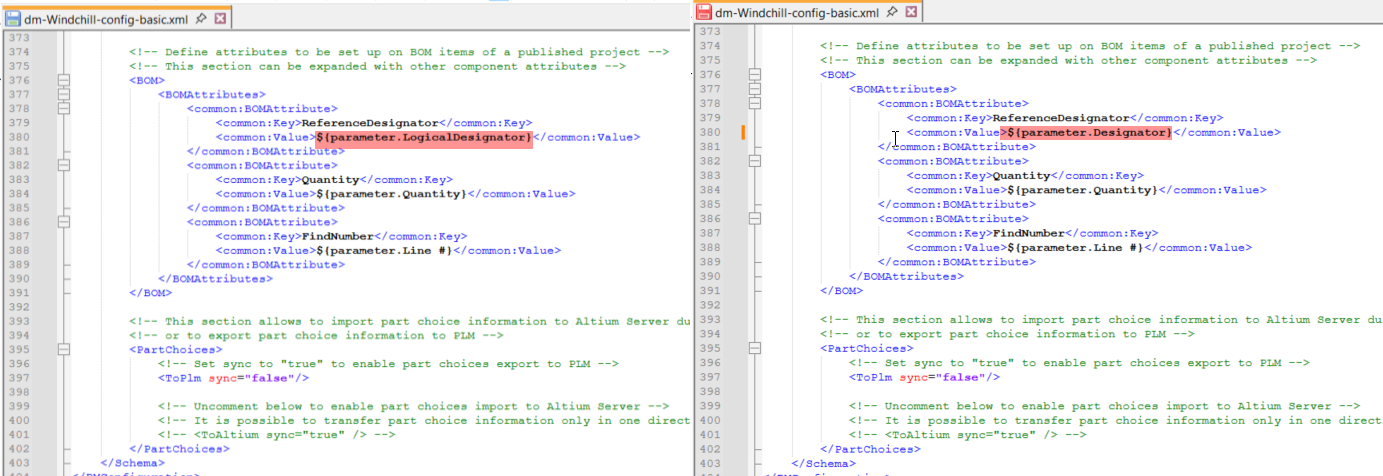 XML configuration comparison showing BOMAttribute ReferenceDesignator value changed from ${parameter.LogicalDesignator} to ${parameter.Designator}; Quantity and FindNumber entries remain unchanged.