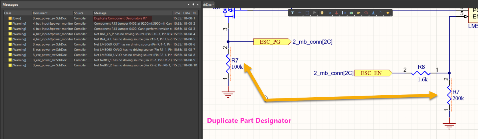 Altium Messages panel listing errors and warnings, including “Duplicate Component Designators R7.” Schematic view shows two resistors labeled R7 on the same net, causing the error.