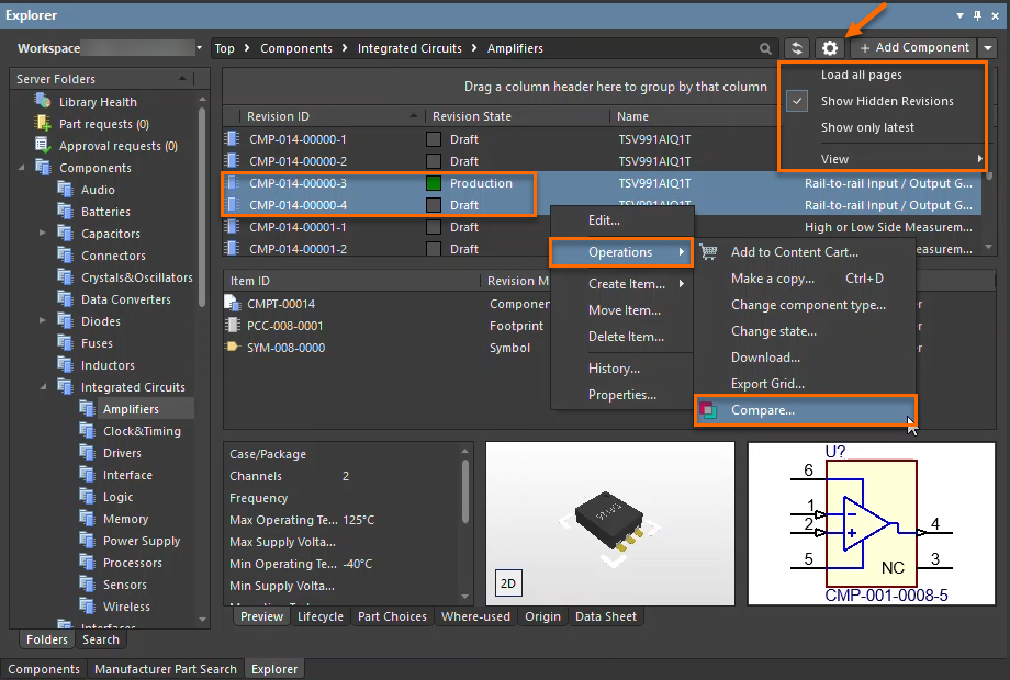 Altium Explorer Panel showing two revisions selected; Show Hidden Revisions enabled and Show only latest disabled, and Operations > Compare is open to compare component revisions.