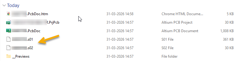 Windows File Explorer listing Altium PCB project files, including .PrjPcb, .PcbDoc, and generated output files .s01 and .s02.