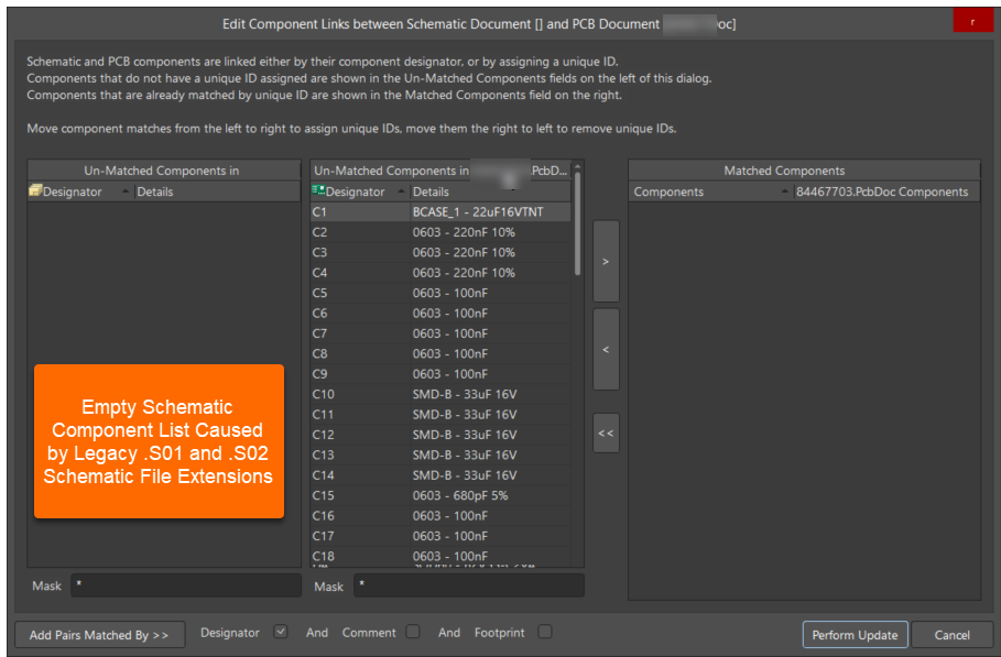 Altium Designer “Edit Component Links” dialog showing schematic and PCB component matching; schematic side lists no components for .s01/.s02 files, while PCB components are listed, preventing component pairing.