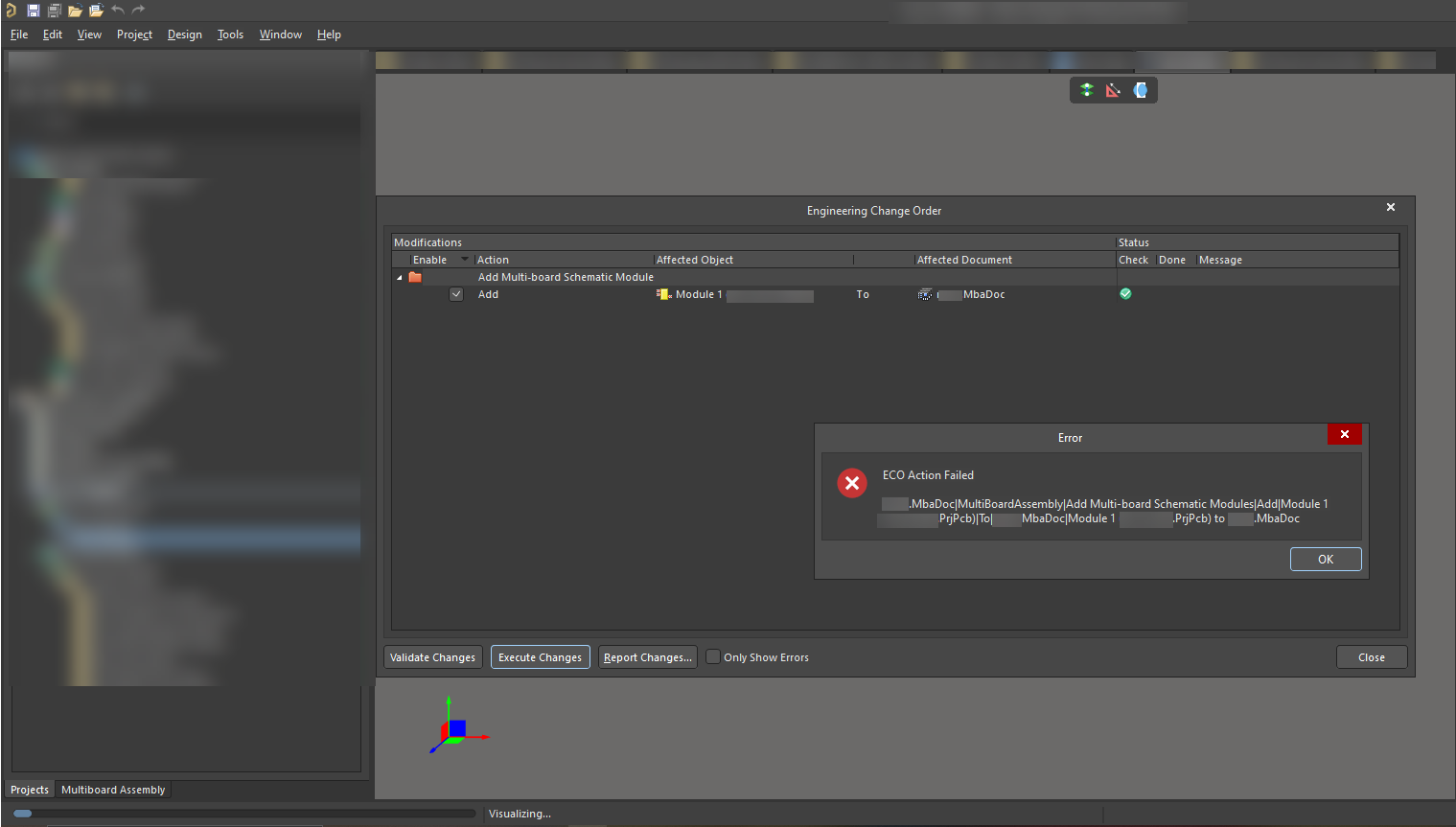 Altium Designer ECO dialog showing failed attempt to add multiboard module to main.MbaDoc, followed by a crash error referencing KERNELBASE.dll.