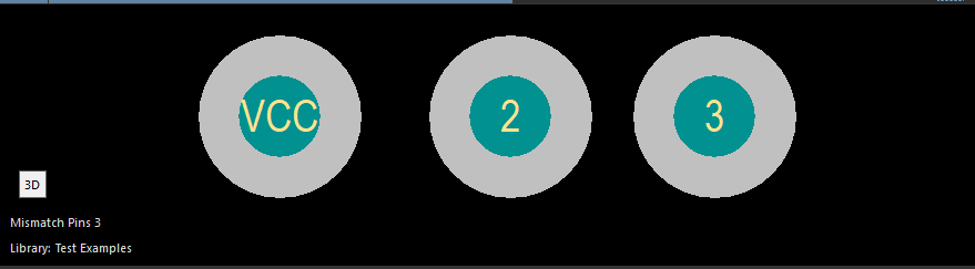 Library panel showing component 'Mismatch Pins 3' in Test Examples library, with three pads labeled VCC, 2, and 3; pin 1 is named VCC instead of numeric labeling.