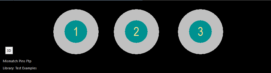 Library panel showing component 'Mismatch Pins Ftp' in Test Examples library and three numbered indicators labeled 1, 2, and 3.
