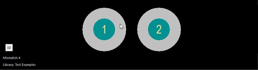 Library panel showing component 'Mismatch 4' in Test Examples library, with only two pads labeled 1 and 2, indicating a pin-count mismatch.