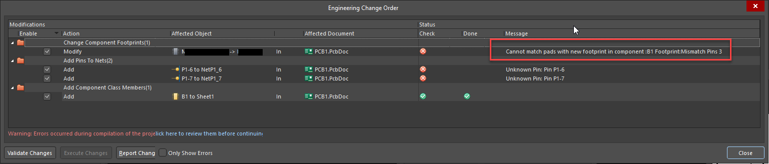 Altium Designer Engineering Change Order dialog showing a failed footprint change; validation reports “Cannot match pads with new footprint” due to mismatched pins, with unknown pins P1-6 and P1-7 listed.